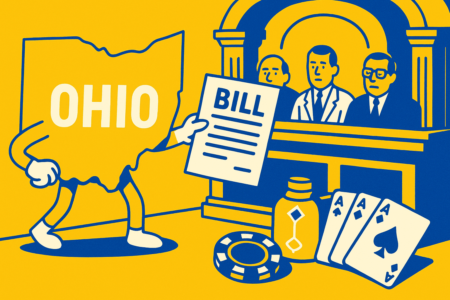 AI cartoon drawing of Ohio outline with arms and legs presenting a bill to three officials sitting at a table with casino elements, such as playin cards and a poker chip, on the floor. Colors are yellow, blue, and white.