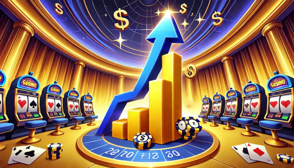 AI image of upward blue arrow on top of rising gold bars surrounded by casino elements, including slot machines and poker chips