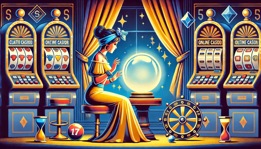AI drawing of woman fortune teller sitting at a table looking into a crystal ball with slot machines on either side of her