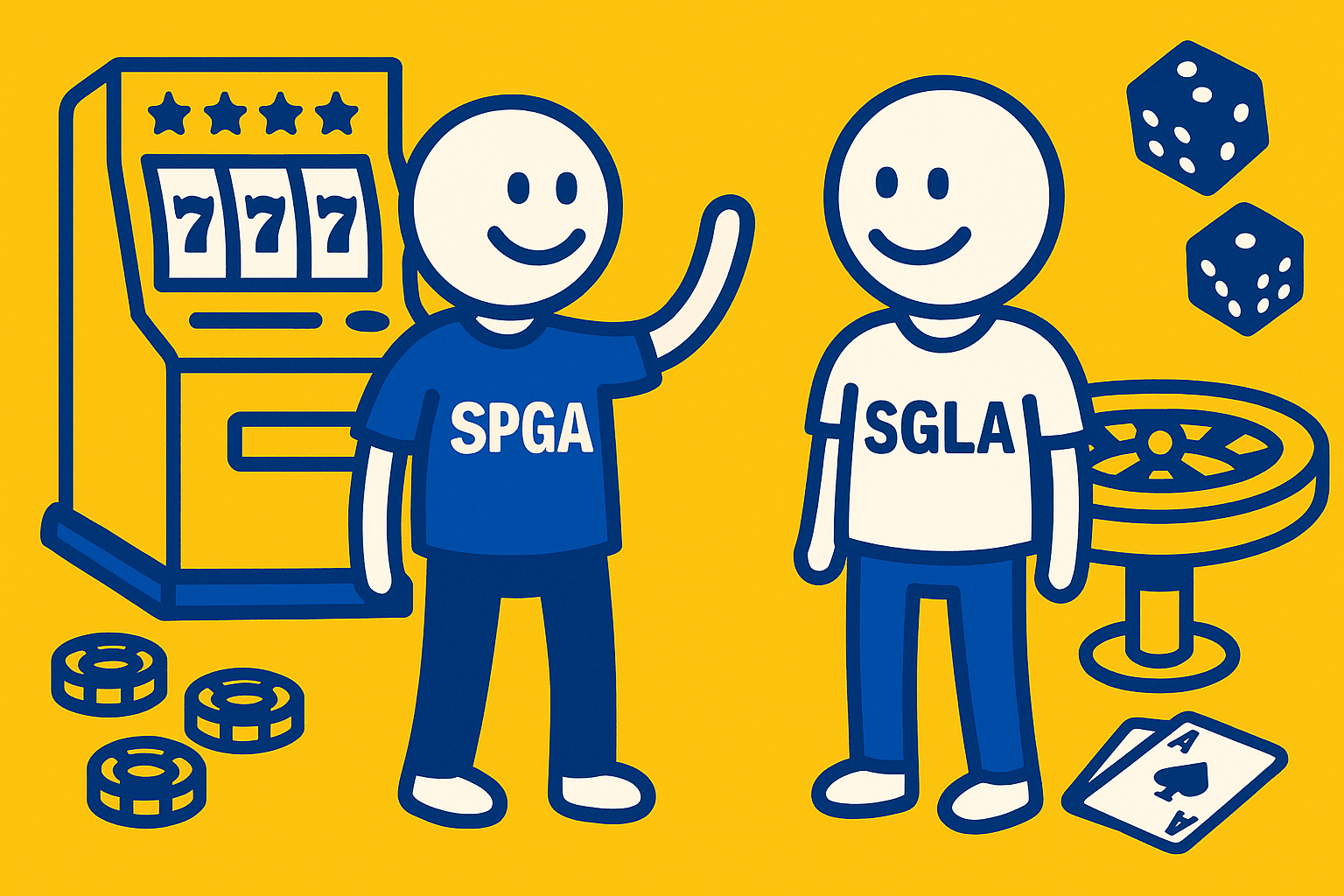 AI cartoon drawing of one stick figure wearing a shirt that says SGPA waving a smiling at another stick figure wearing a shirt that says SGLA, who is also smiling, with casino elements around them. Colors are yellow, blue, and white.