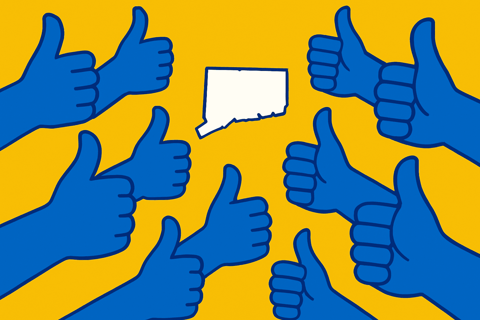 AI cartoon drawing of a bunch of thumbs-ups all surrounding a small Connecticut state outline. Colors are yellow, blue, and white.
