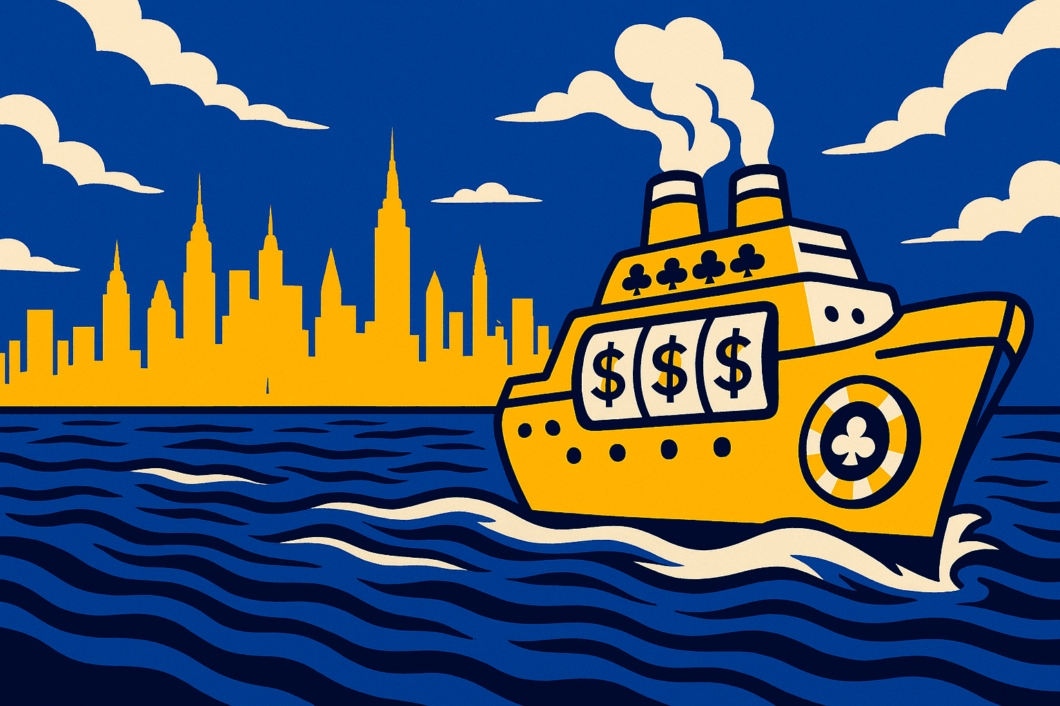 AI cartoon drawing of ship with casino elements sailing away from New York skyline in yellow, white, and blue colors