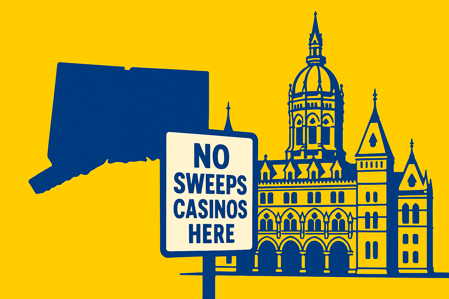 A realistic simple representation of representations of the Connecticut government next to a sign that says NO SWEEPS CASINOS HERE using a vibrant yellow, blue, and white color scheme inspired by a cartoon-style design.