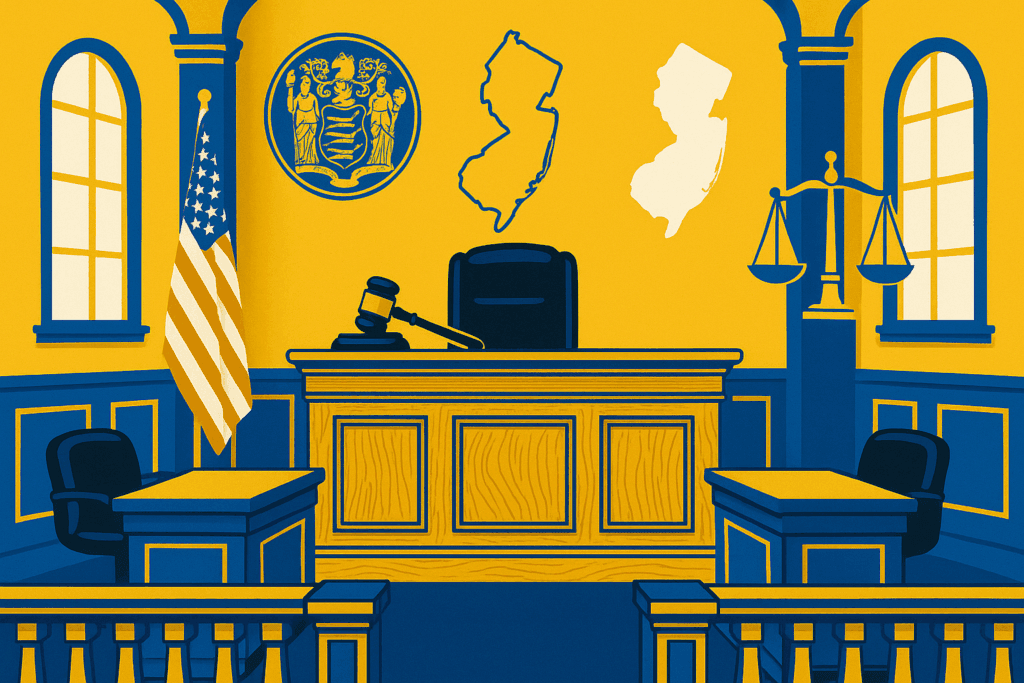 A realistic simple representation of a courtroom in New Jersey, with distinct New Jersey elements included. The setting should feel immersive and visually rich with a focus on realism while maintaining the specified color palette.