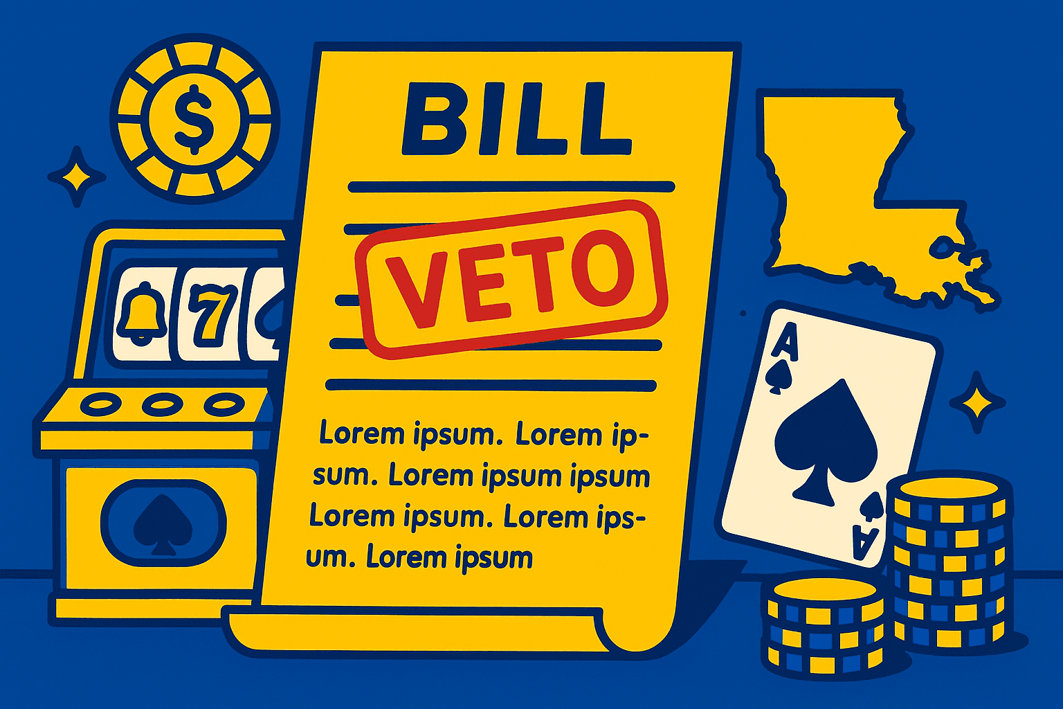 A realistic simple representation of piece of legislation with a VETO stamp on it using a vibrant yellow, blue, and white color scheme inspired by a cartoon-style design. The image features online casino elements and elements symbolizing Louisiana.
