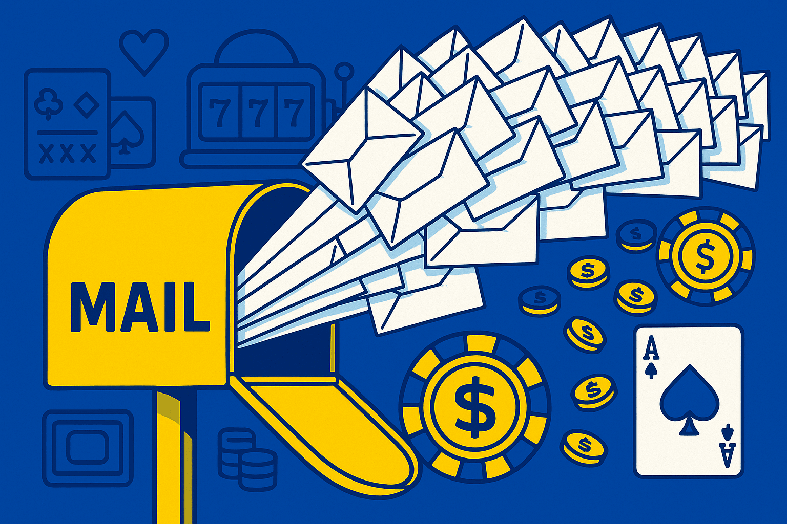 A realistic simple representation of 50 letters being flung into the mailbox all at once, with imagery of online casinos, using a vibrant yellow, blue, and white color scheme inspired by a cartoon-style design.
