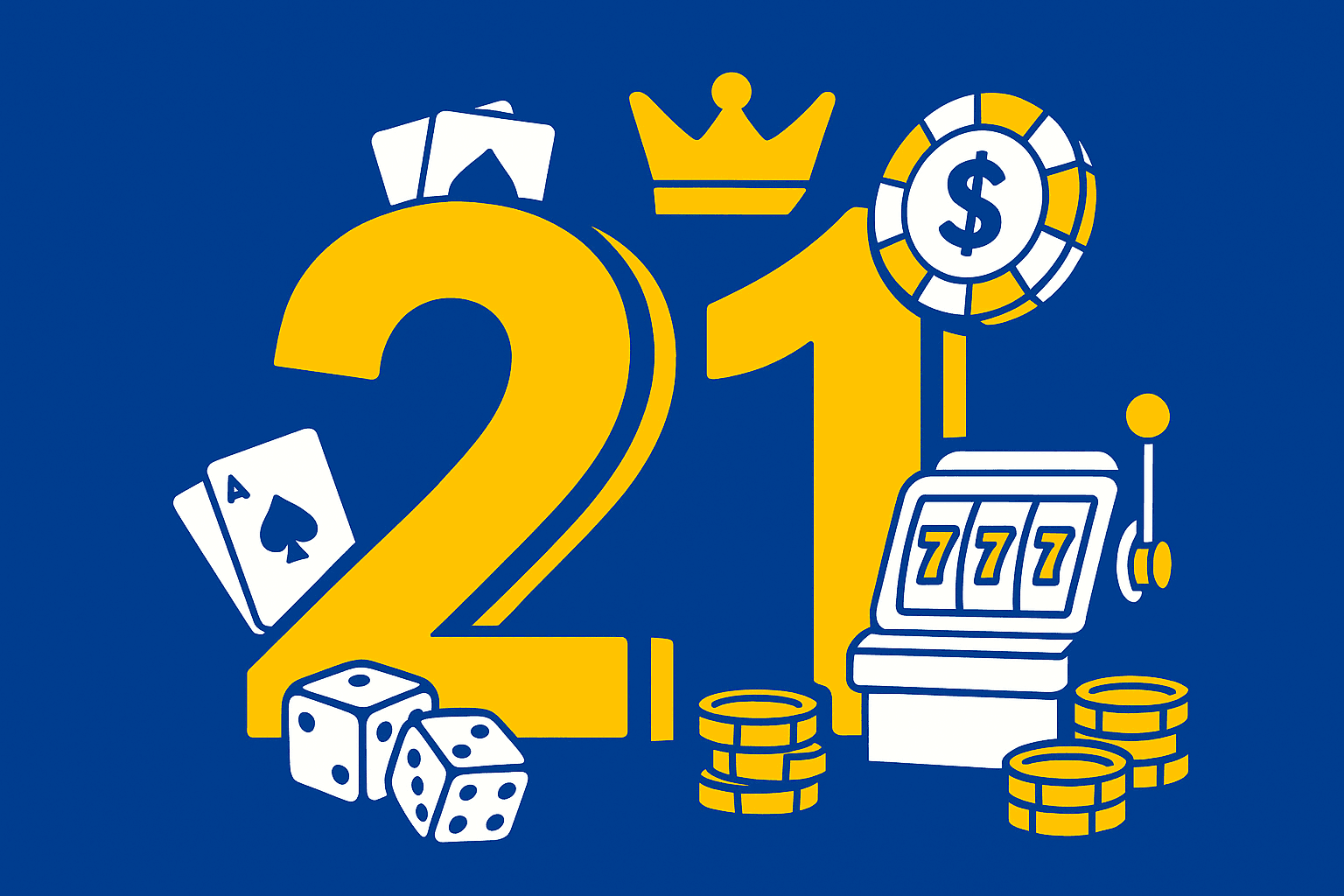 A realistic simple representation of the number 21 with online casino elements inside the numbers using a vibrant yellow, blue, and white color scheme inspired by a cartoon-style design.
