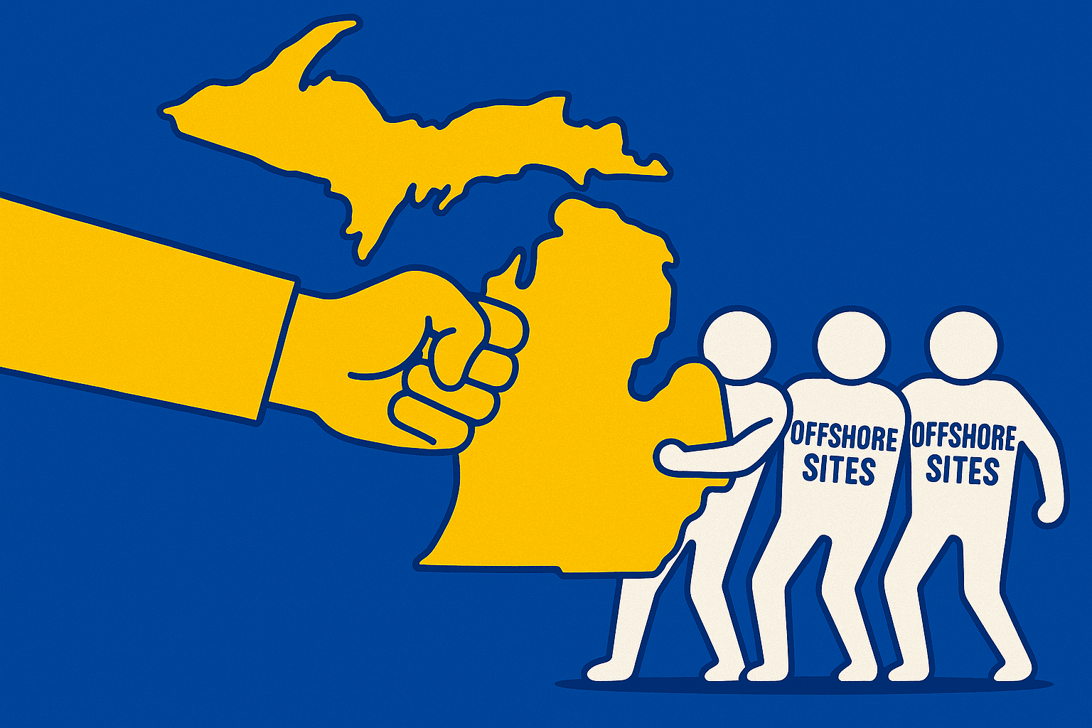 A realistic simple representation of the state of Michigan applying pressure to stick figures wearing OFFSHORE SITES shirts using a vibrant yellow, blue, and white color scheme inspired by a cartoon-style design.