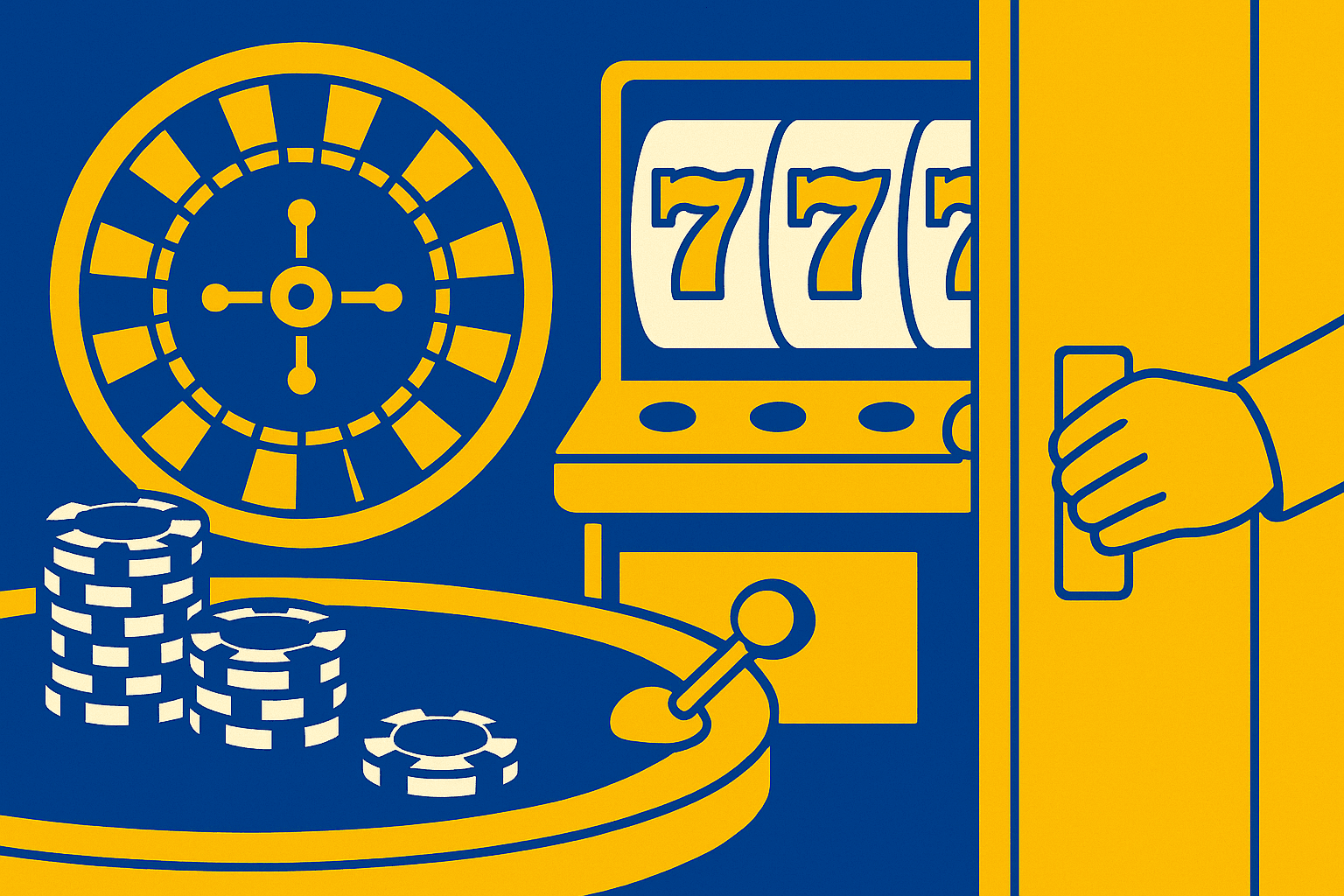 A realistic simple representation of somebody closing a door using a vibrant yellow, blue, and white color scheme inspired by a cartoon-style design. The image features a dynamic online casino scene with elements such as poker chips, a roulette wheel, and slot machine reels only, without any playing cards.