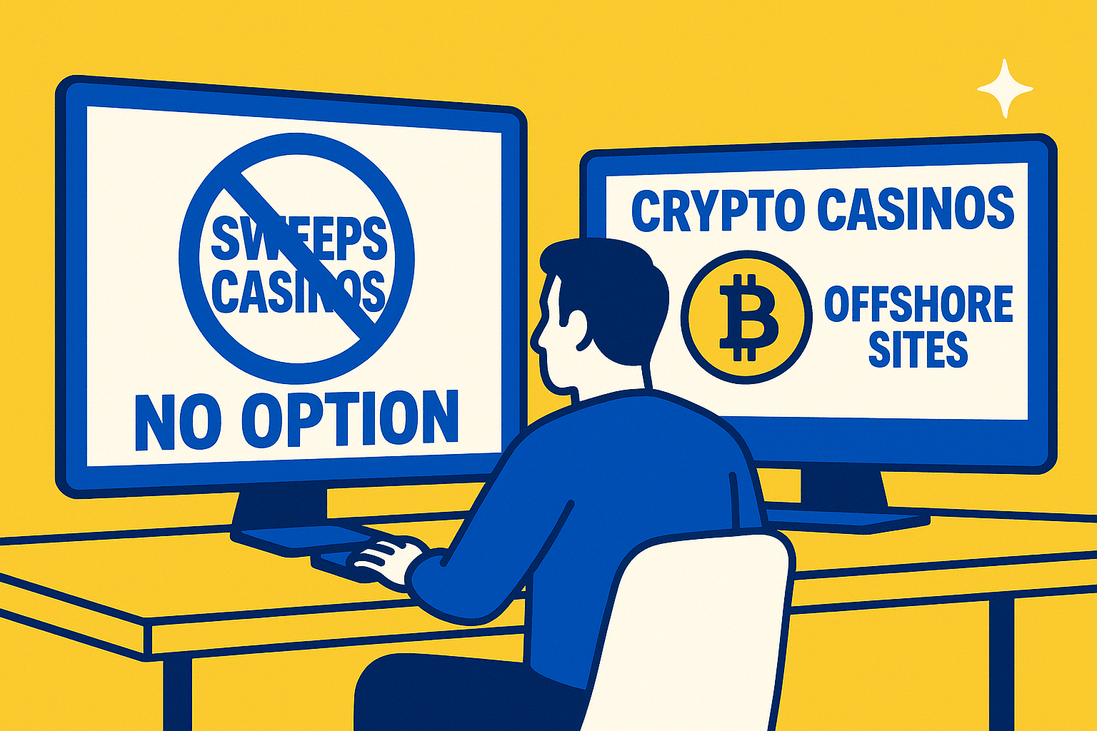 A realistic simple representation of SWEEPS CASINOS no longer being an option so online gamblers instead turn to CRYPTO CASINOS and OFFSHORE SITES using a vibrant yellow, blue, and white color scheme inspired by a cartoon-style design.