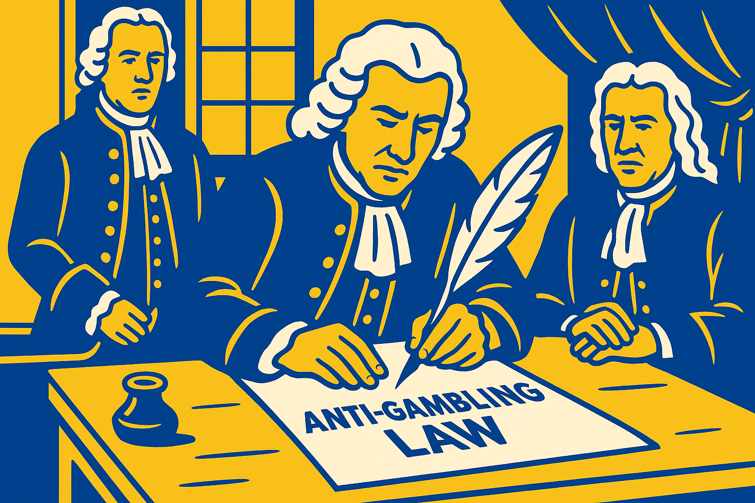 A realistic simple representation of historic government officials using a feather and quill to write an anti-gambling law in 1710 using a vibrant yellow, blue, and white color scheme inspired by a cartoon-style design.