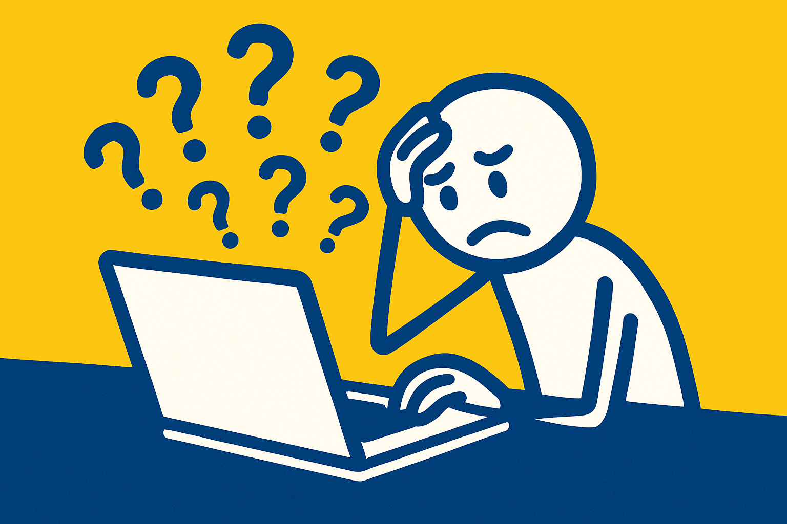 A realistic simple representation of a stick figure sitting at a laptop with a frustrated, confused look on its face and tons of question marks rising up from the laptop using a vibrant yellow, blue, and white color scheme inspired by a cartoon-style design.