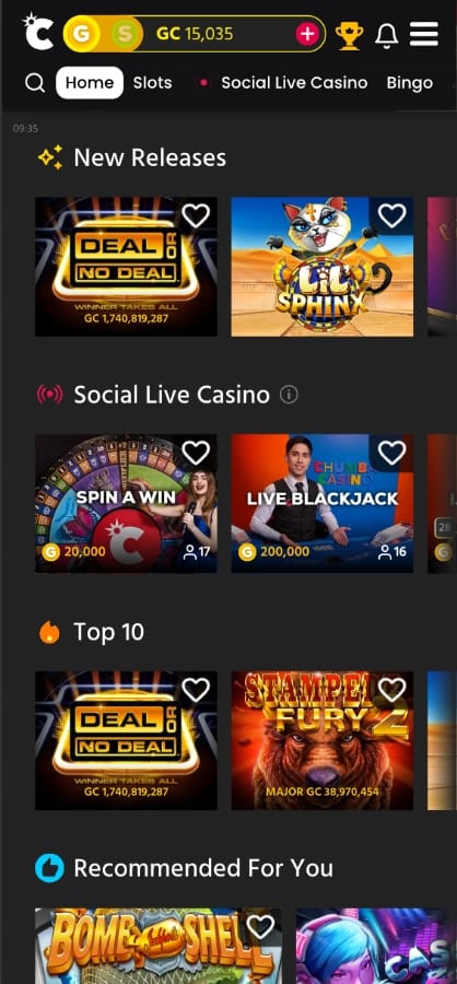 Chumba Casino homescreen mobile