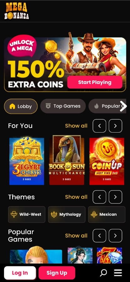 MegaBonanza Casino homescreen mobile