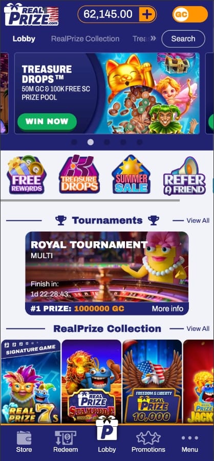 RealPrize Casino homescreen mobile