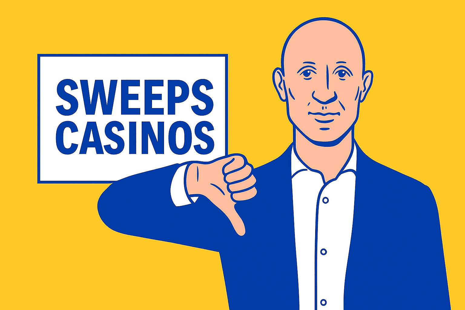 A realistic simple representation of BetMGM CEO Adam Greenblatt giving a thumbs down to a sign that says SWEEPS CASINOS using a vibrant yellow, blue, and white color scheme inspired by a cartoon-style design.