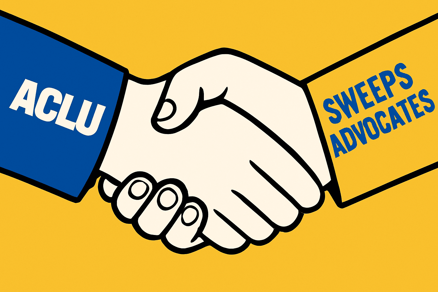 A realistic simple representation of two hands shaking hands, with one saying ACLU and the other saying SWEEPS ADVOCATES using a vibrant yellow, blue, and white color scheme inspired by a cartoon-style design.