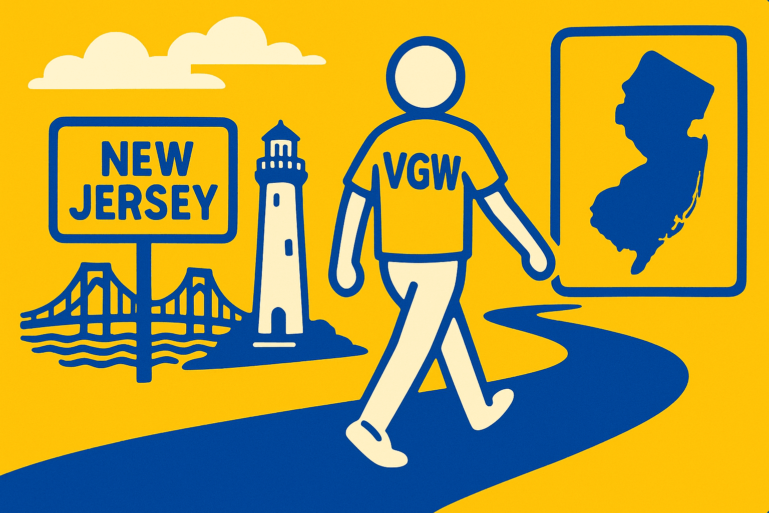 A realistic simple representation of a stick figure wearing a VGW shirt walking away from images representing New Jersey using a vibrant yellow, blue, and white color scheme inspired by a cartoon-style design.