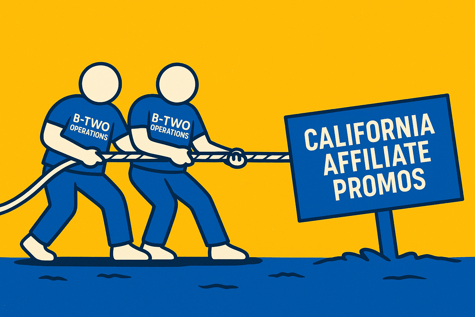 A realistic simple representation of stick figures wearing B-TWO OPERATIONS shirts pulling hard on a rope that has a sign that says CALIFORNIA AFFILIATE PROMOS on the other end using a vibrant yellow, blue, and white color scheme inspired by a cartoon-style design.