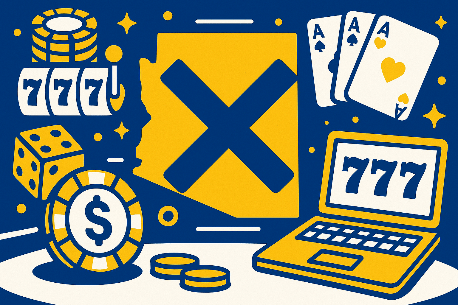 A realistic simple representation of an X through Arizona using a vibrant yellow, blue, and white color scheme inspired by a cartoon-style design. The image features online casino elements.