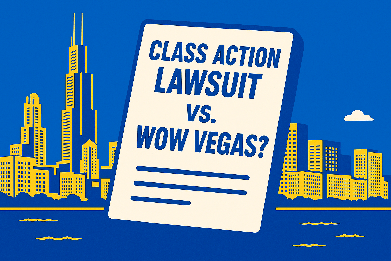 A realistic simple representation of a document that says CLASS ACTION LAWSUIT VS. WOW VEGAS? floating in front of the Chicago skyline using a vibrant yellow, blue, and white color scheme inspired by a cartoon-style design.
