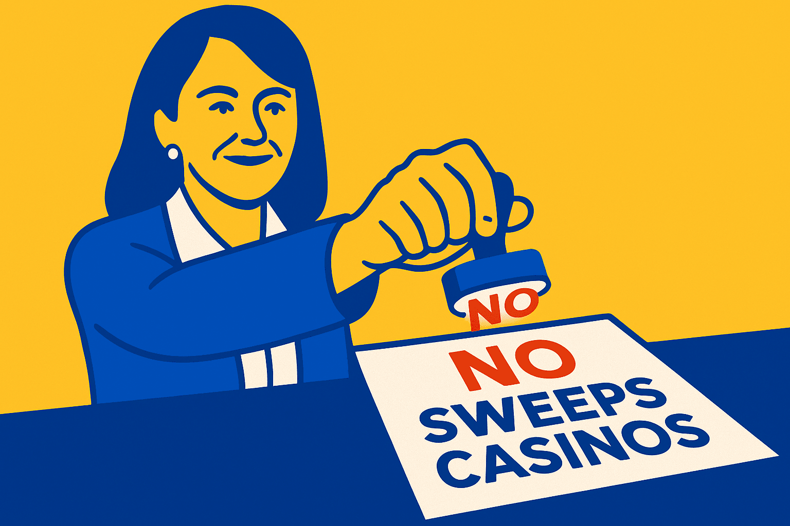A realistic simple representation of Louisiana Attorney General Liz Murrill stamping a NO on a paper that says SWEEPS CASINOS using a vibrant yellow, blue, and white color scheme inspired by a cartoon-style design.