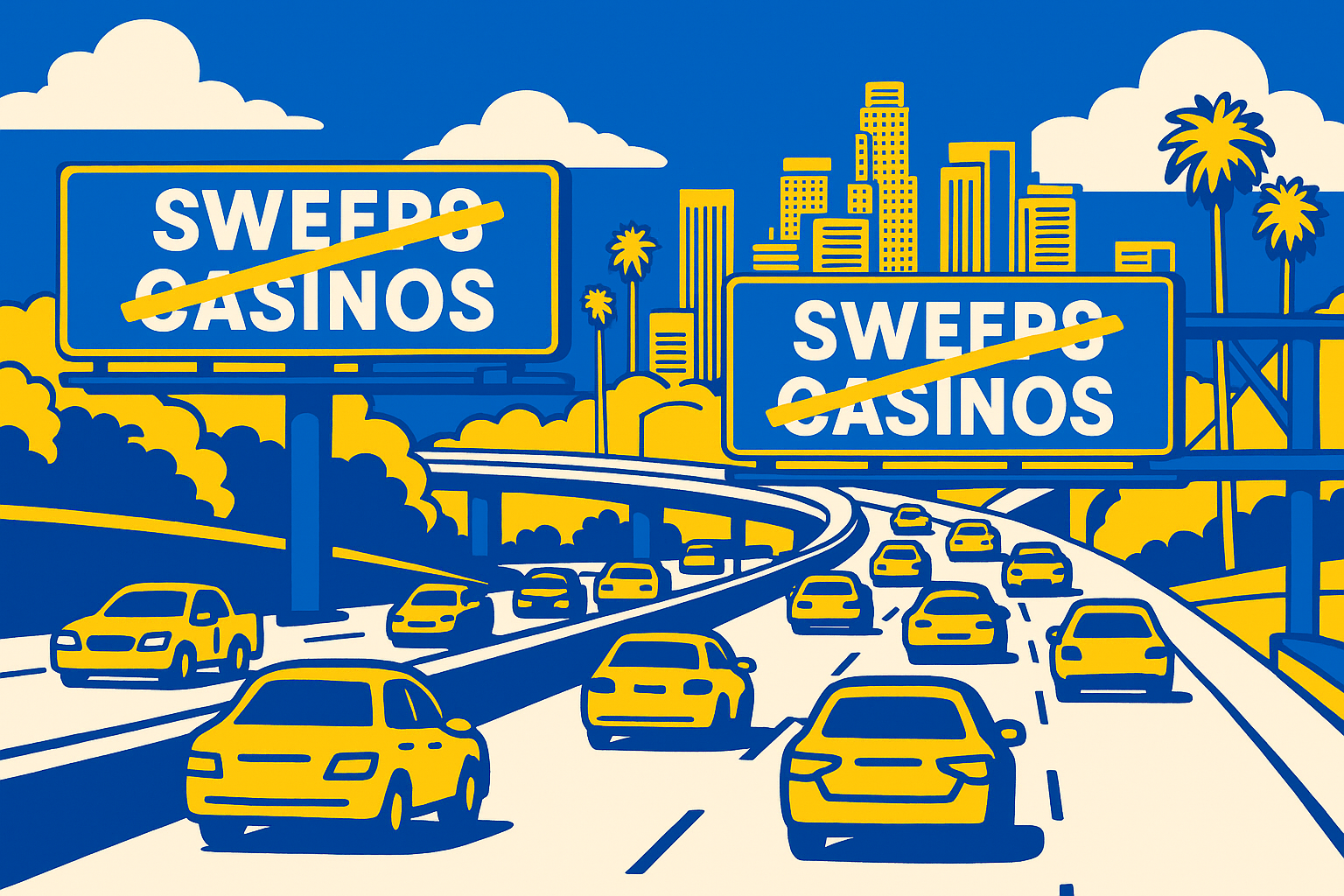 A realistic simple representation of a busy Los Angeles freeway and billboards that say SWEEPS CASINOS but the words are crossed out using a vibrant yellow, blue, and white color scheme inspired by a cartoon-style design.