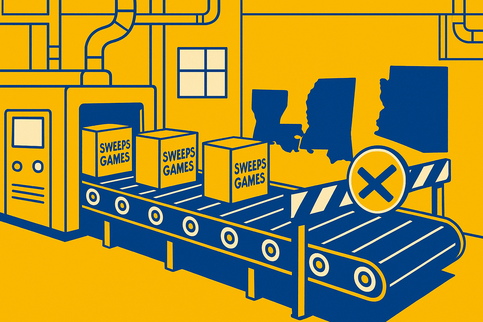 A realistic simple representation of a factory conveyer belt producing items called SWEEPS GAMES but that conveyer belt's path toward Louisiana, Mississippi, and Arizona state outlines are blocked using a vibrant yellow, blue, and white color scheme inspired by a cartoon-style design.