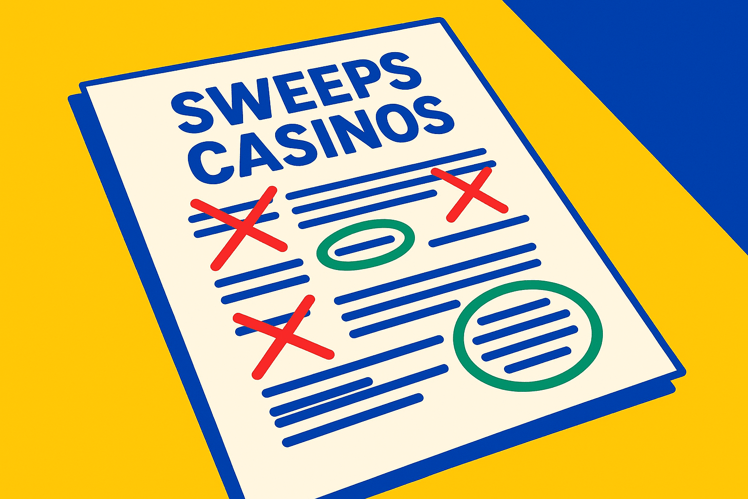 A realistic simple representation of a document with the title SWEEPS CASINOS that has some portions crossed out with red Xs and others circled with green circles using a vibrant yellow, blue, and white color scheme inspired by a cartoon-style design.