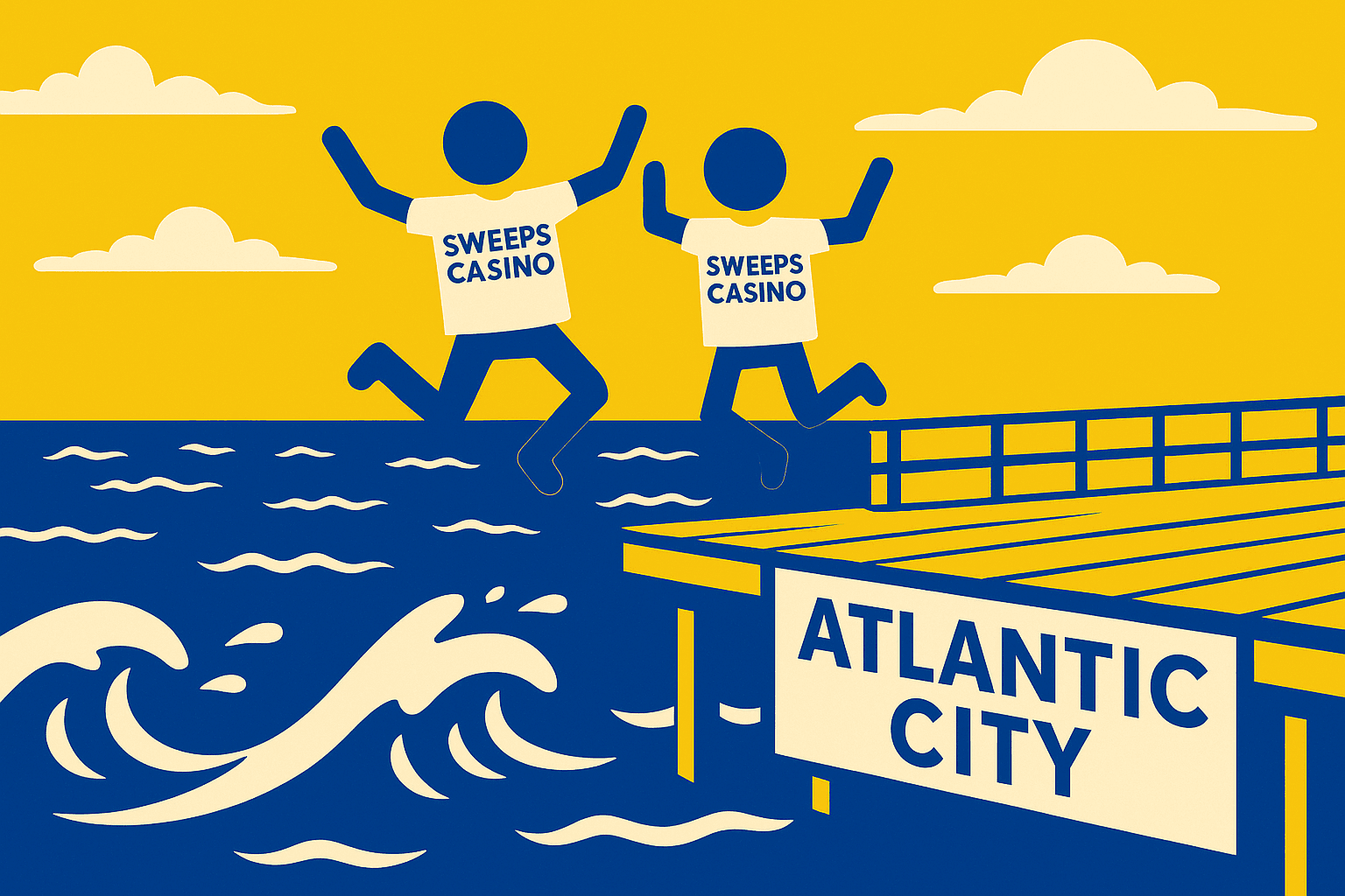 A realistic simple representation of two stick figures wearing SWEEPS CASINO shirts happily jumping off the Atlantic City boardwalk into the ocean using a vibrant yellow, blue, and white color scheme inspired by a cartoon-style design.