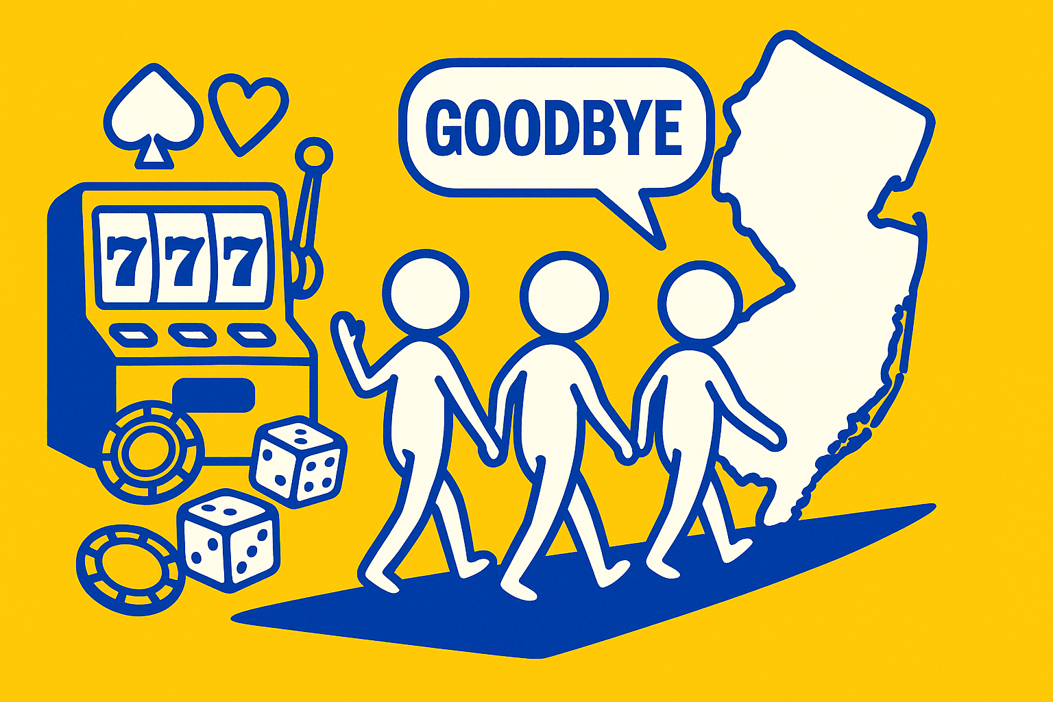 A realistic simple representation of three stick figures saying goodbye to the state of New Jersey while walking away from it using a vibrant yellow, blue, and white color scheme inspired by a cartoon-style design. The image features online casino elements.