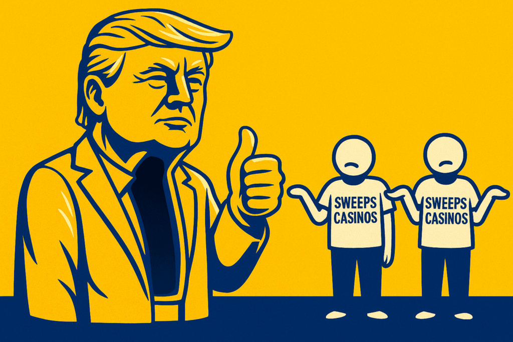 A realistic simple representation of a hollow statue of Donald Trump giving a thumbs up to shrugging stick figures wearing shirts that say SWEEPS CASINOS using a vibrant yellow, blue, and white color scheme inspired by a cartoon-style design.