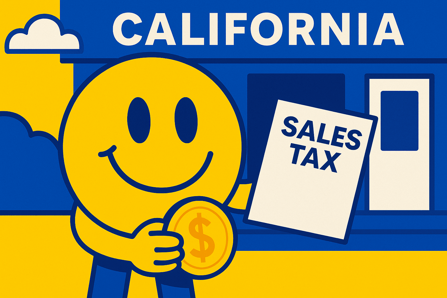 A realistic simple representation of a happy face paying sales tax with the word CALIFORNIA above it using a vibrant yellow, blue, and white color scheme inspired by a cartoon-style design.