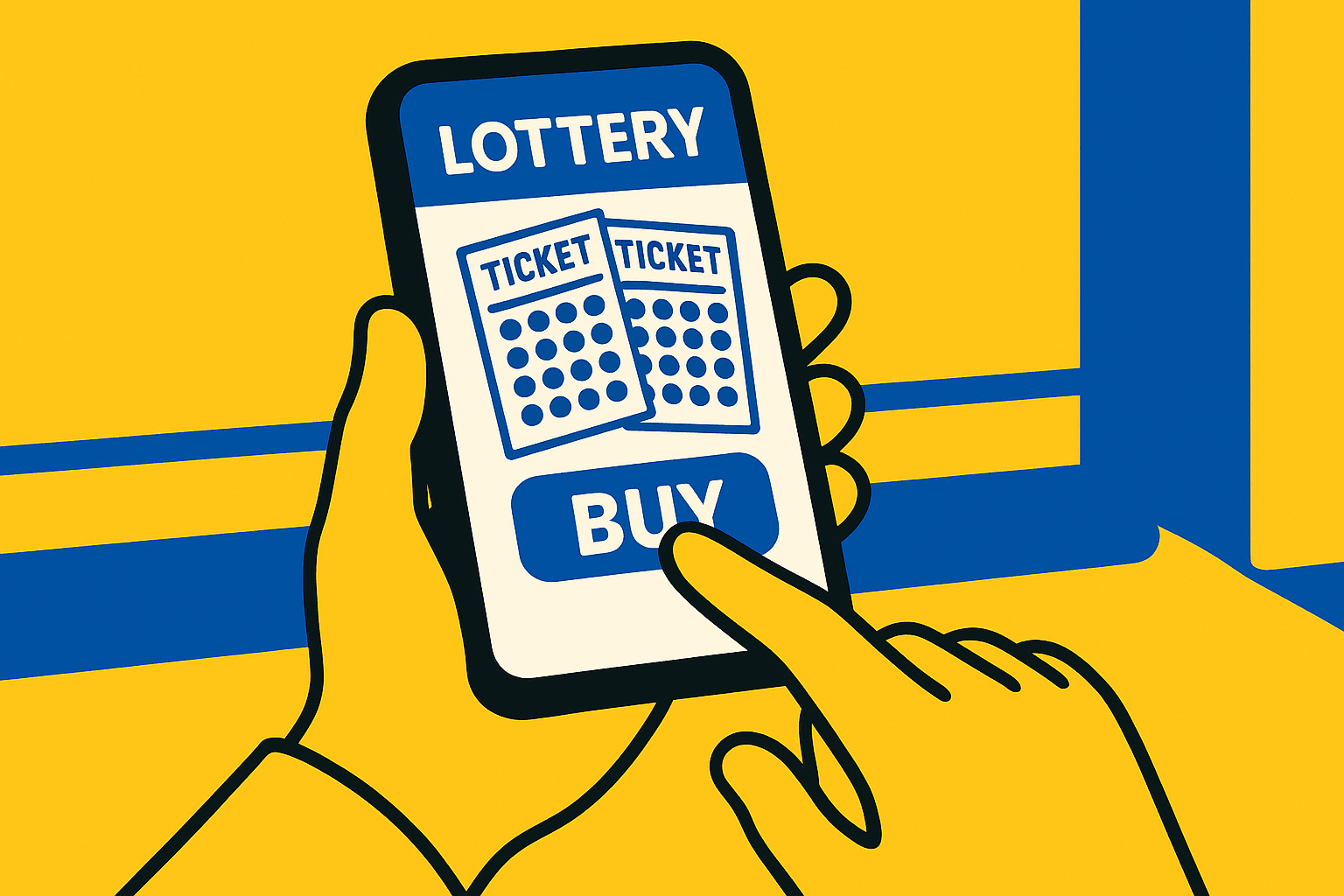 A realistic simple representation of a hand holding a smartphone and purchasing lottery tickets via that smartphone using a vibrant yellow, blue, and white color scheme inspired by a cartoon-style design.