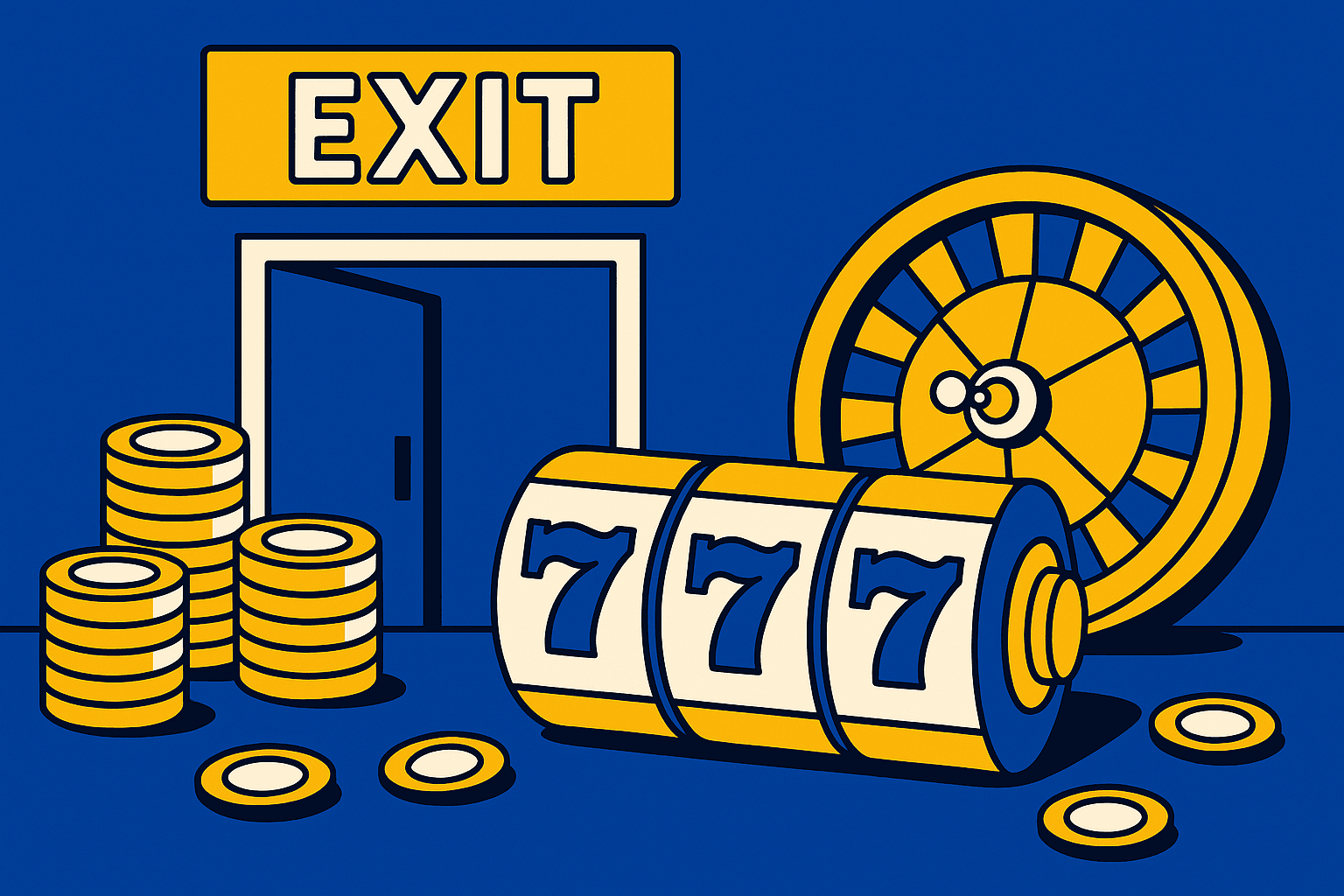 A realistic simple representation of an EXIT sign above a door using a vibrant yellow, blue, and white color scheme inspired by a cartoon-style design. The image features a dynamic casino scene with elements such as poker chips, a roulette wheel, and slot machine reels only, without any playing cards.