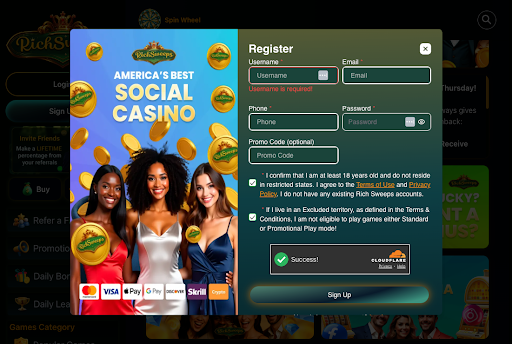 RIchSweeps sign up form