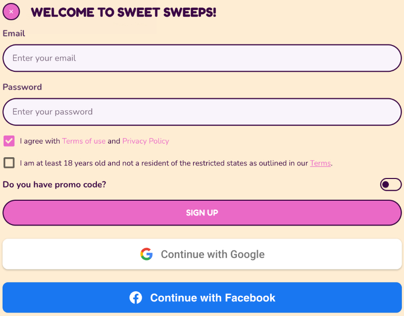 Sweet Sweeps sign up form