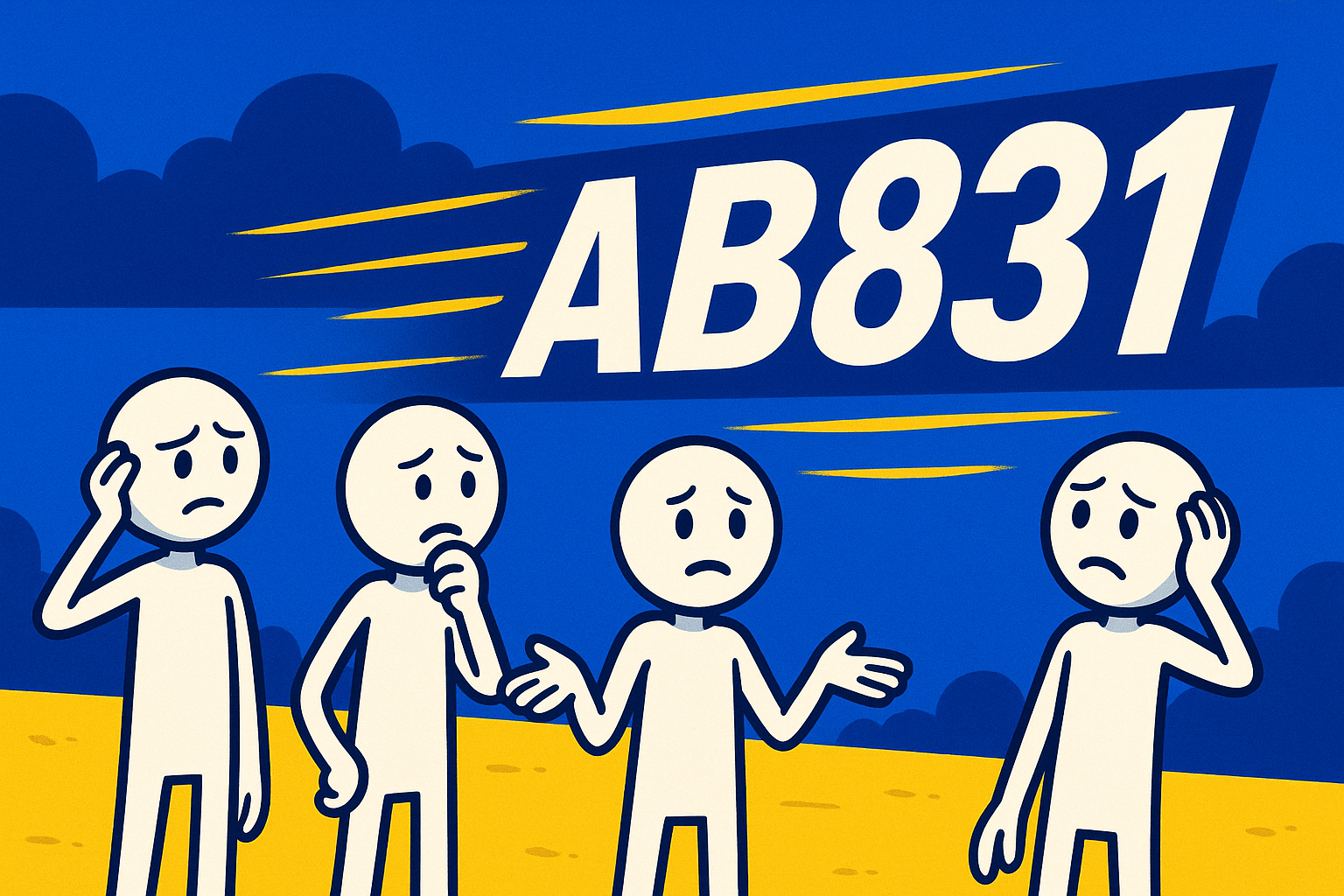 A realistic simple representation of a handful of very confused stick figures looking at the word AB831 speeding by them super quickly using a vibrant yellow, blue, and white color scheme inspired by a cartoon-style design.