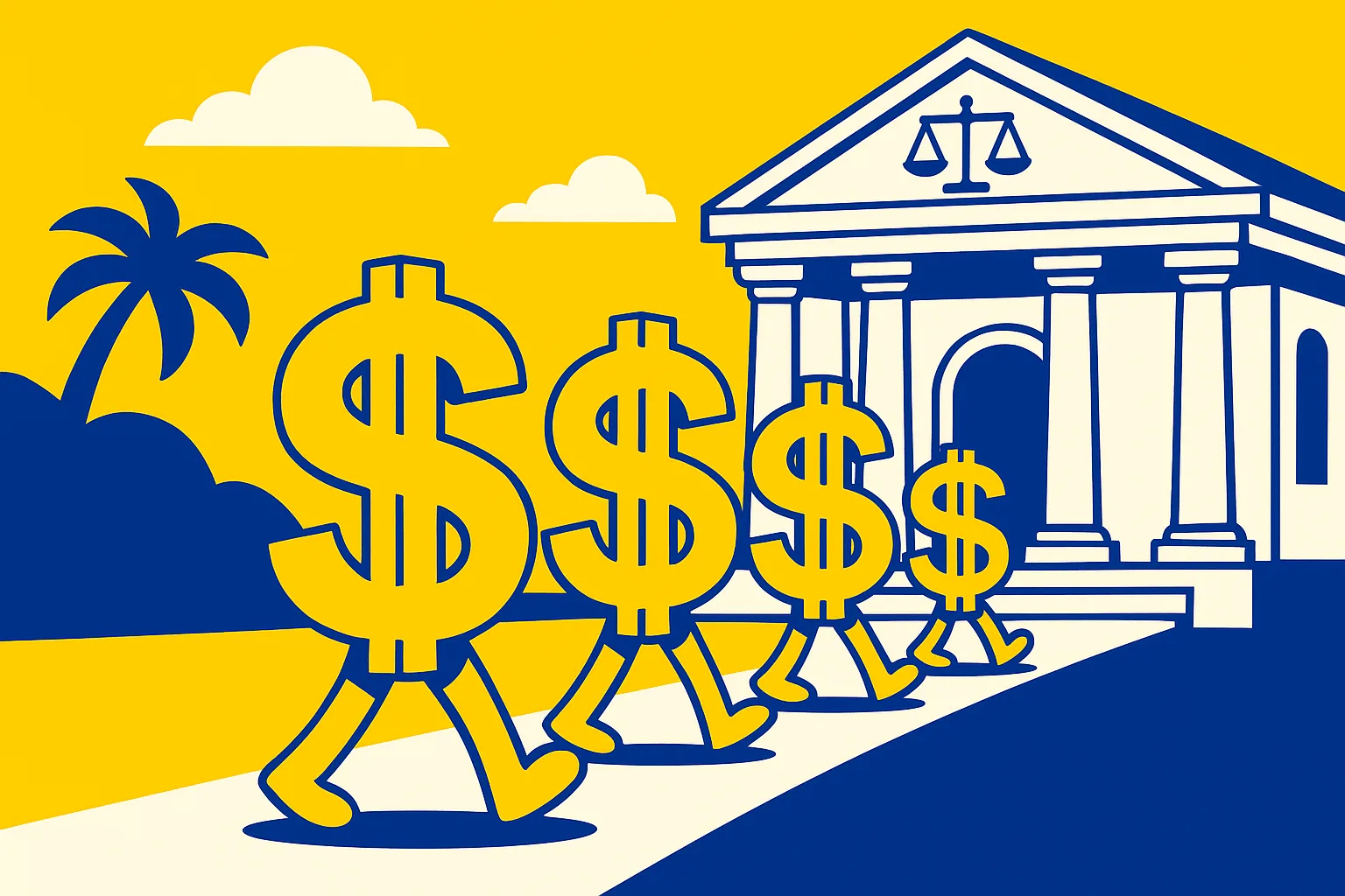 A realistic simple representation of a bunch of dollar signs with legs walking into a courthouse in California with a palm tree in the background using a vibrant yellow, blue, and white color scheme inspired by a cartoon-style design.
