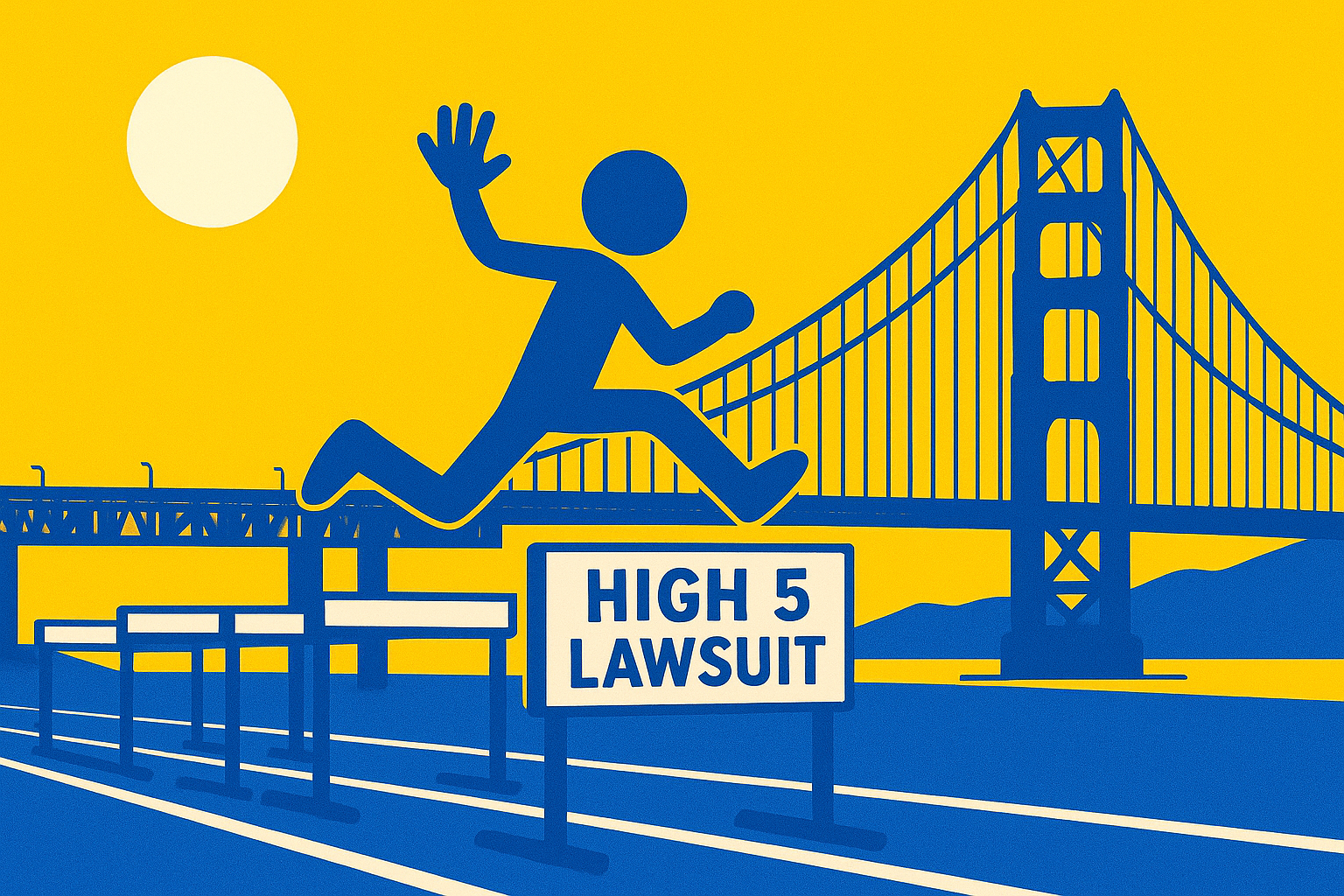 A realistic simple representation of a stick figure jumping over a hurdle that says HIGH 5 LAWSUIT on it near the Golden Gate Bridge in San Francisco using a vibrant yellow, blue, and white color scheme inspired by a cartoon-style design.