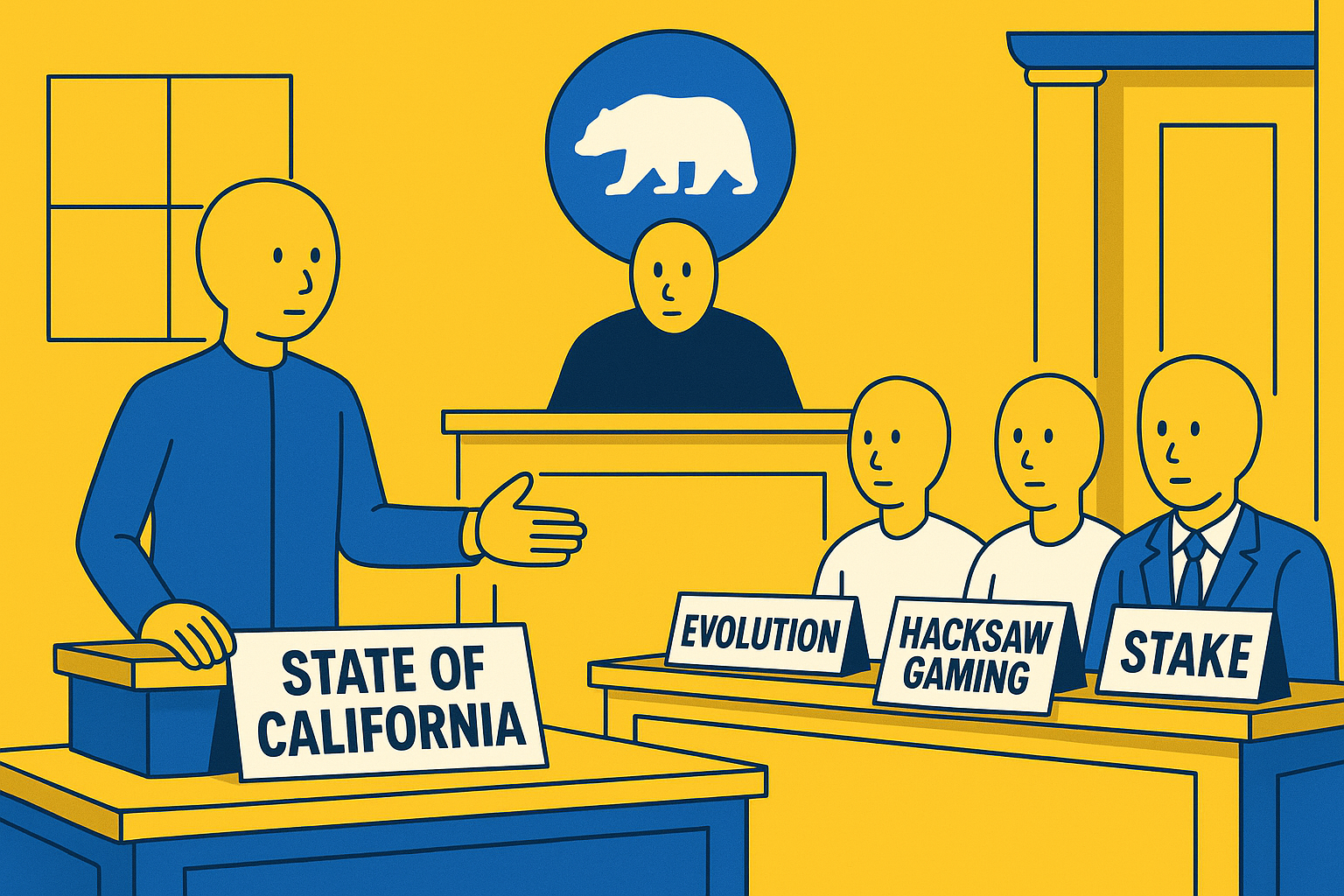 A realistic simple representation of a courtroom where the state of California is the plaintiff and EVOLUTION, HACKSAW GAMING, and STAKE are the defendants using a vibrant yellow, blue, and white color scheme inspired by a cartoon-style design.