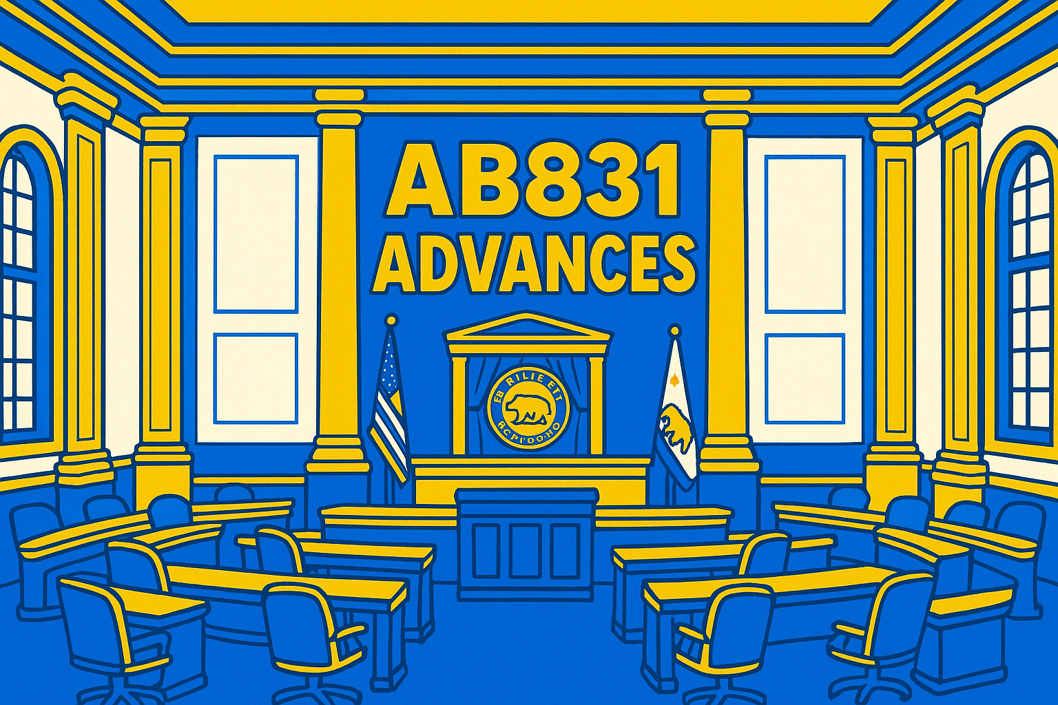A realistic simple representation of the California Senate chamber with the phrase AB831 ADVANCES written on the back wall using a vibrant yellow, blue, and white color scheme inspired by a cartoon-style design.