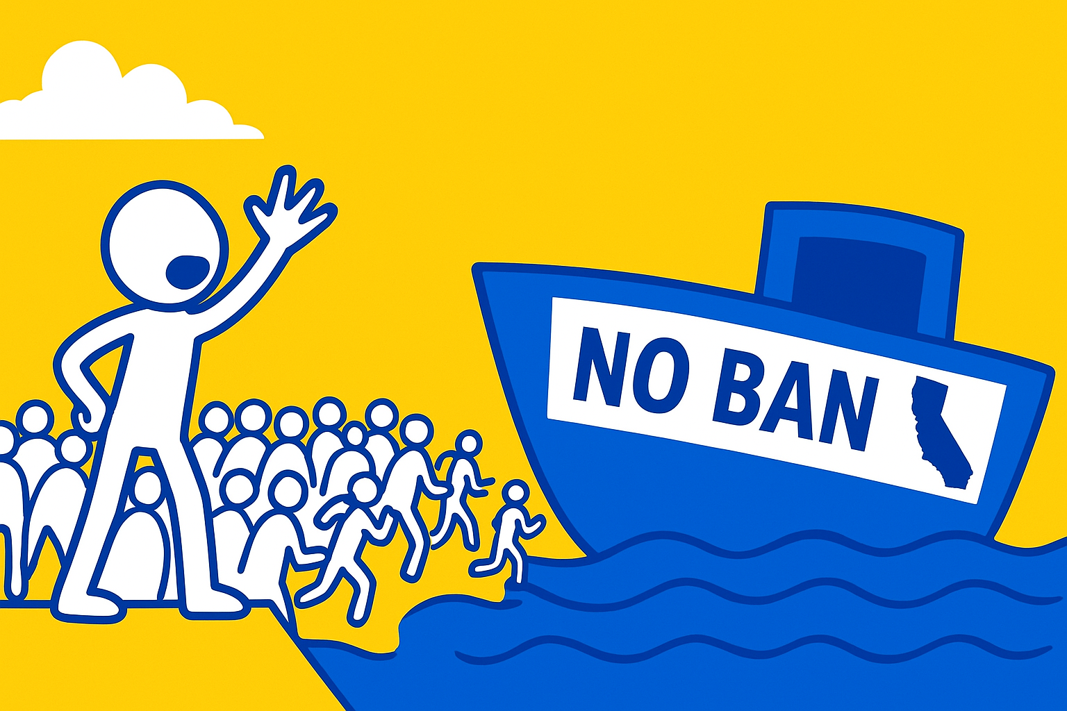 A realistic simple representation of a stick figure emphatically calling upon hundreds of other stick figures to run onto a ship that says NO BAN with a California outline on the side using a vibrant yellow, blue, and white color scheme inspired by a cartoon-style design.