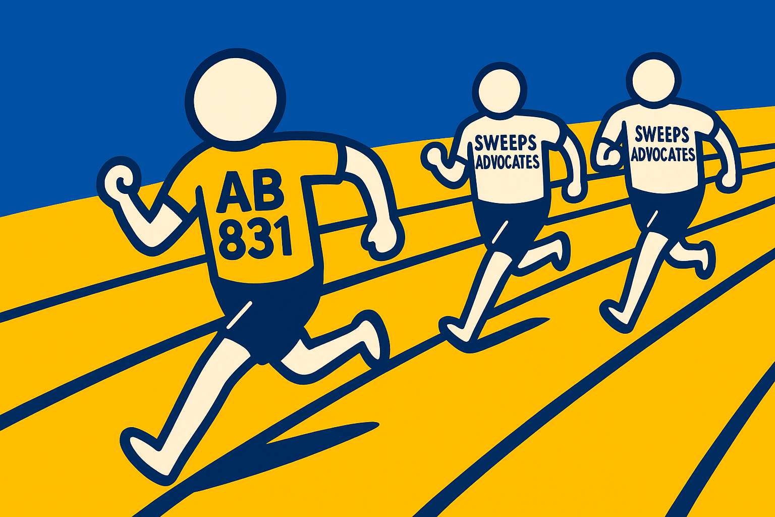 A realistic simple representation of three stick figure sprinters on a racetrack, with one sprinter out front wearing a shirt that says AB831 and the two other trailing sprinters wearing shirts that say SWEEPS ADVOCATES using a vibrant yellow, blue, and white color scheme inspired by a cartoon-style design.
