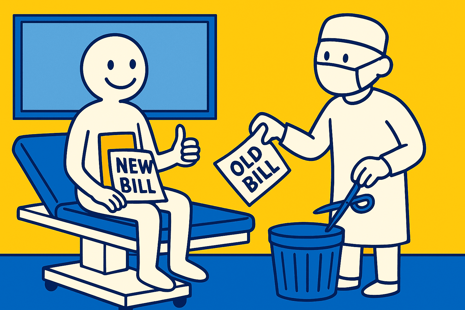 A realistic simple representation of a smiling stick figure patient giving a thumbs up sitting on an operating table with a big square hole in their body with the words NEW BILL inside while a stick figure surgeon discards the words OLD BILL into a trash can using a vibrant yellow, blue, and white color scheme inspired by a cartoon-style design.