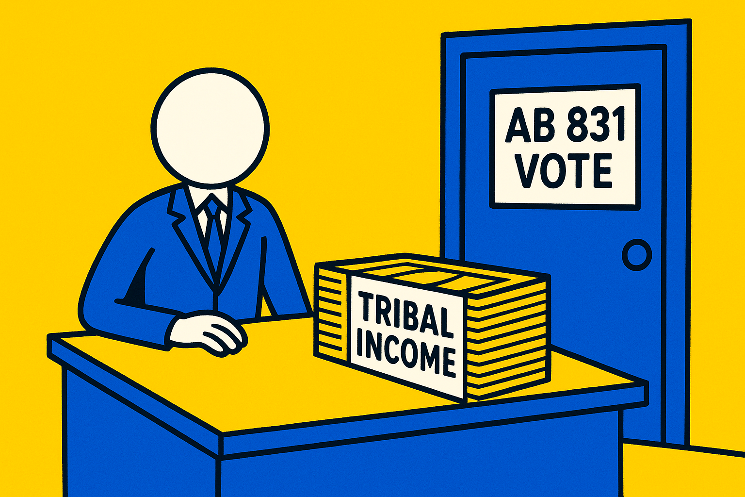 A realistic simple representation of a stick figure politician sitting at a desk with a pile of money on it labeled TRIBAL INCOME and in the background there's a door that says AB831 VOTE on it using a vibrant yellow, blue, and white color scheme inspired by a cartoon-style design.