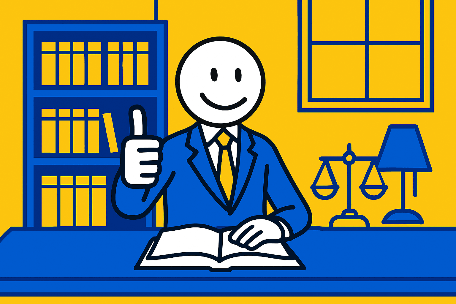 A realistic simple representation of a stick figure lawyer sitting in their office giving a big thumbs up using a vibrant yellow, blue, and white color scheme inspired by a cartoon-style design.