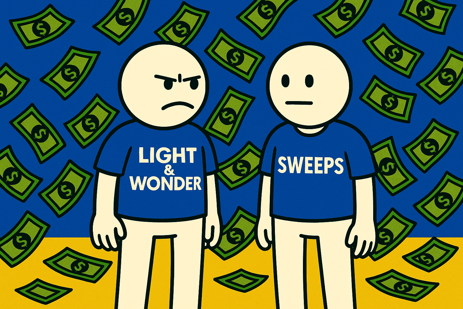 A realistic simple representation of two stick figures standing next to each other with cash raining down all around them, with one wearing a LIGHT & WONDER shirt and they're scowling at the other stick figure, who's wearing a SWEEPS shirt using a vibrant yellow, blue, and white color scheme inspired by a cartoon-style design.