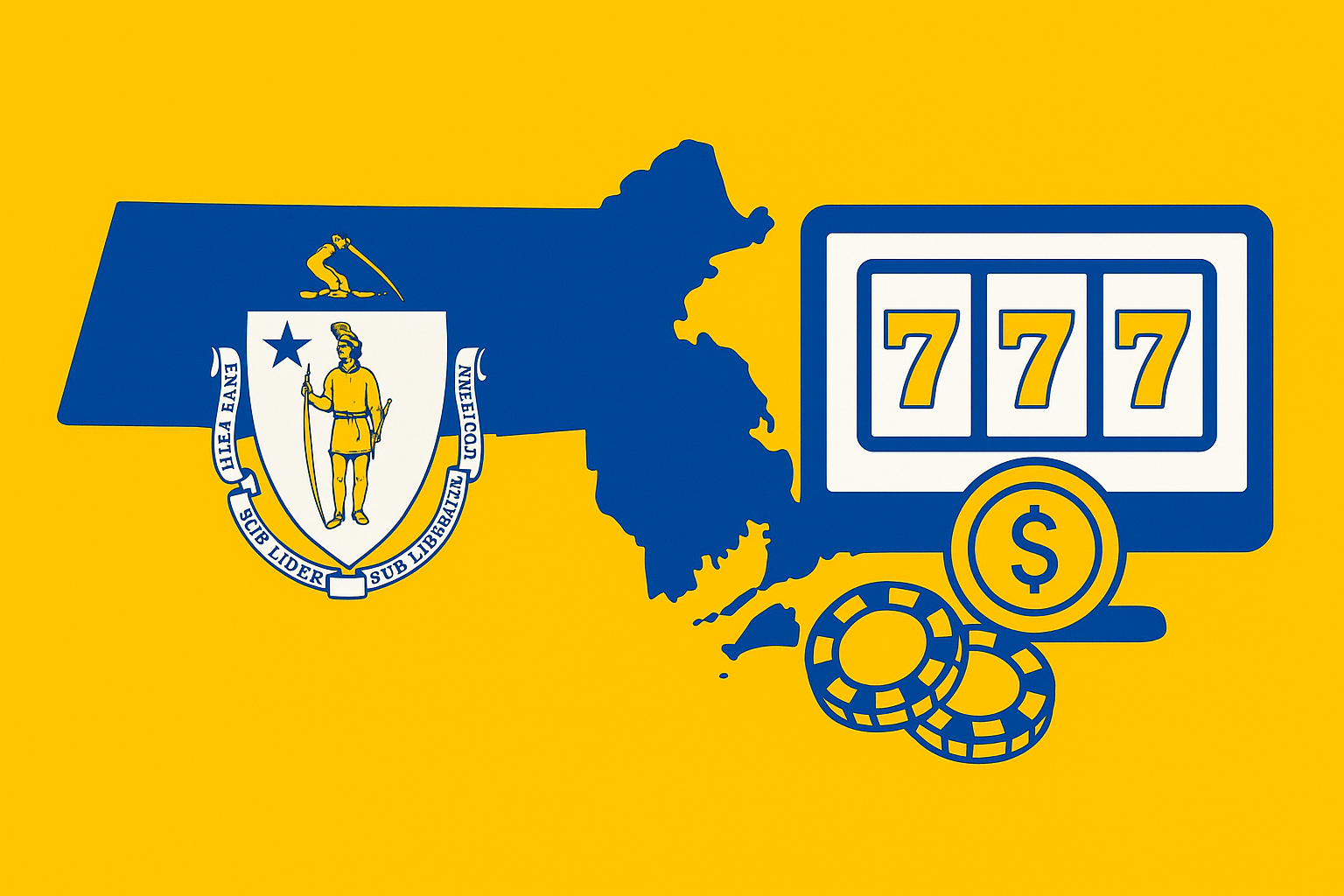 A realistic simple representation of symbols both representing the state of Massachusetts and online casinos using a vibrant yellow, blue, and white color scheme inspired by a cartoon-style design.