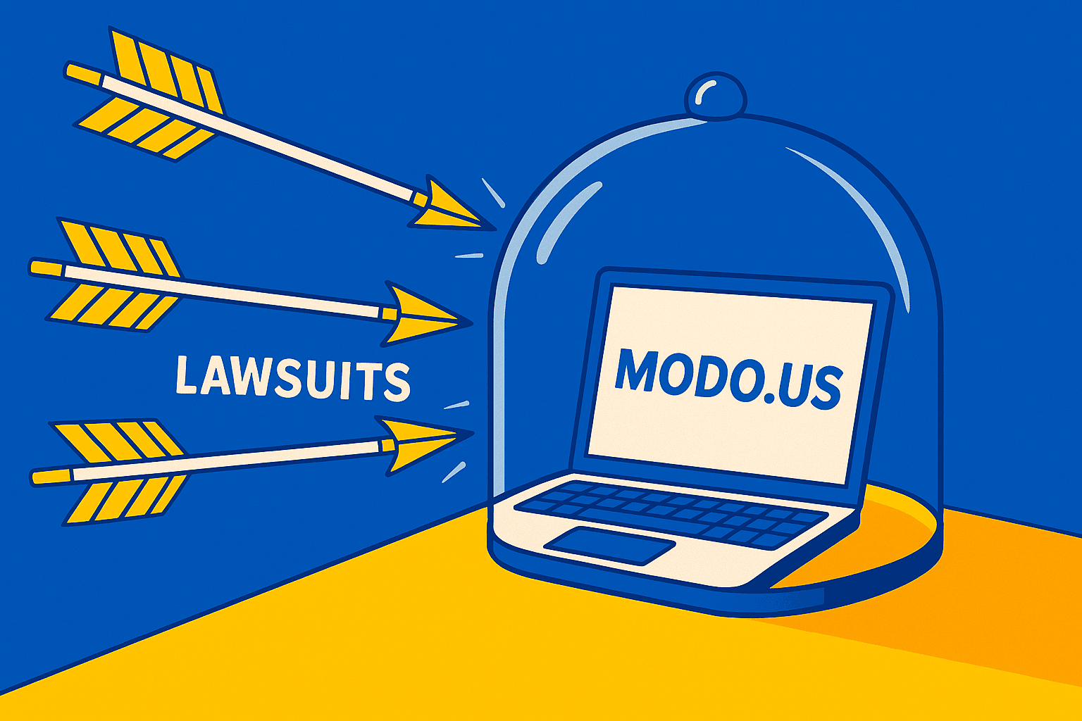 A realistic simple representation of an arrows with LAWSUITS written next to them pinging harmlessly off a glass dome in the center of the image with an open laptop inside it that says MODO.US on the screen using a vibrant yellow, blue, and white color scheme inspired by a cartoon-style design.
